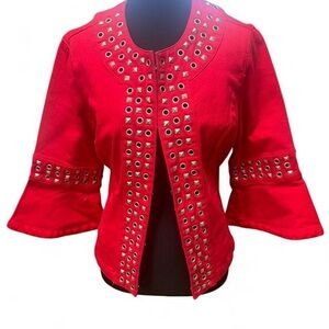 Y2K Red Studded Jacket Grommet Punk Moto McBling Grunge Bell Sleeve Top 2000s